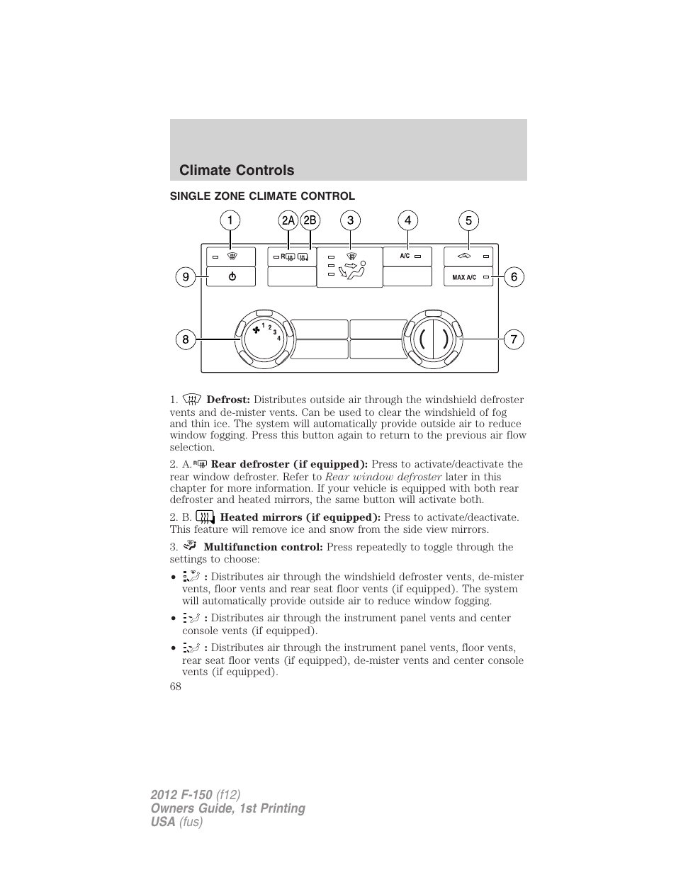 Climate controls, Single zone climate control, Manual heating and air conditioning | FORD 2012 F-150 Raptor v.1 User Manual | Page 68 / 462