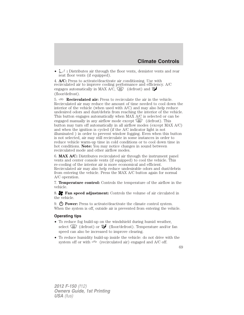 Operating tips, Climate controls | FORD 2012 F-150 Raptor v.1 User Manual | Page 69 / 462