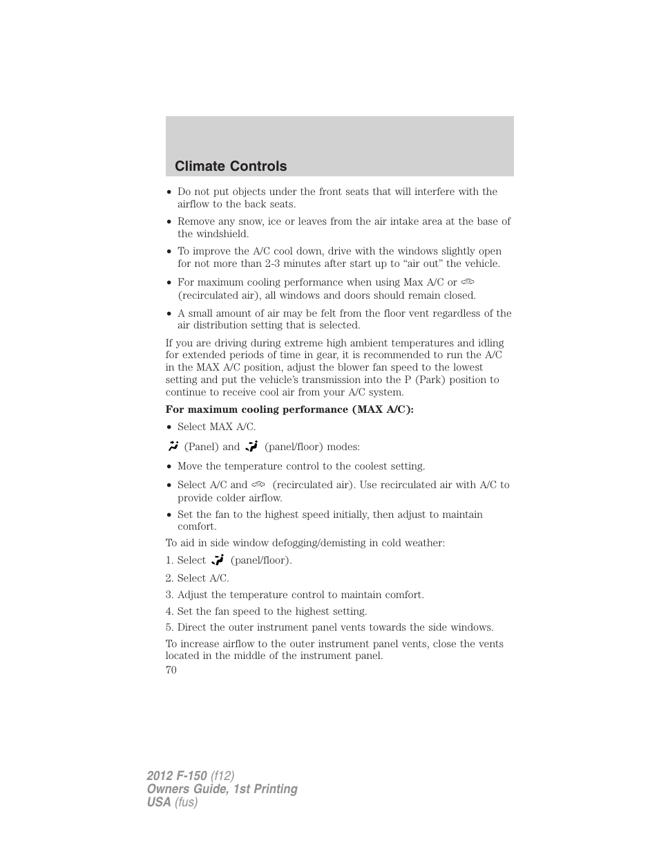 Climate controls | FORD 2012 F-150 Raptor v.1 User Manual | Page 70 / 462