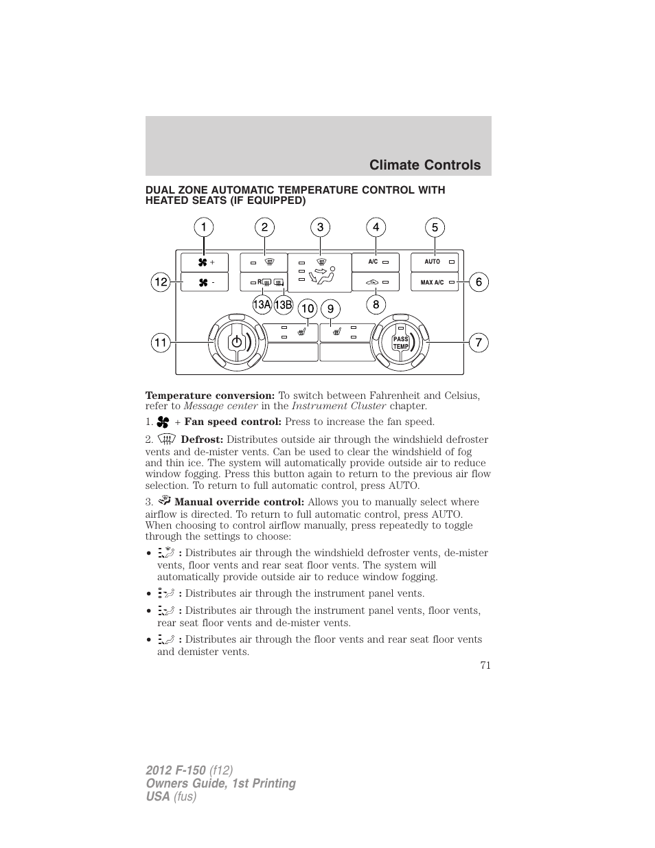 Dual electronic automatic temperature control, Climate controls | FORD 2012 F-150 Raptor v.1 User Manual | Page 71 / 462