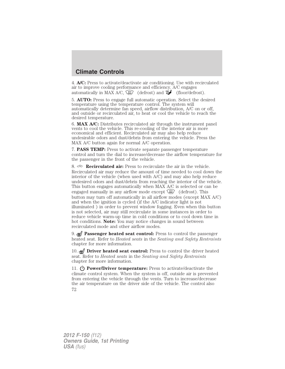 Climate controls | FORD 2012 F-150 Raptor v.1 User Manual | Page 72 / 462