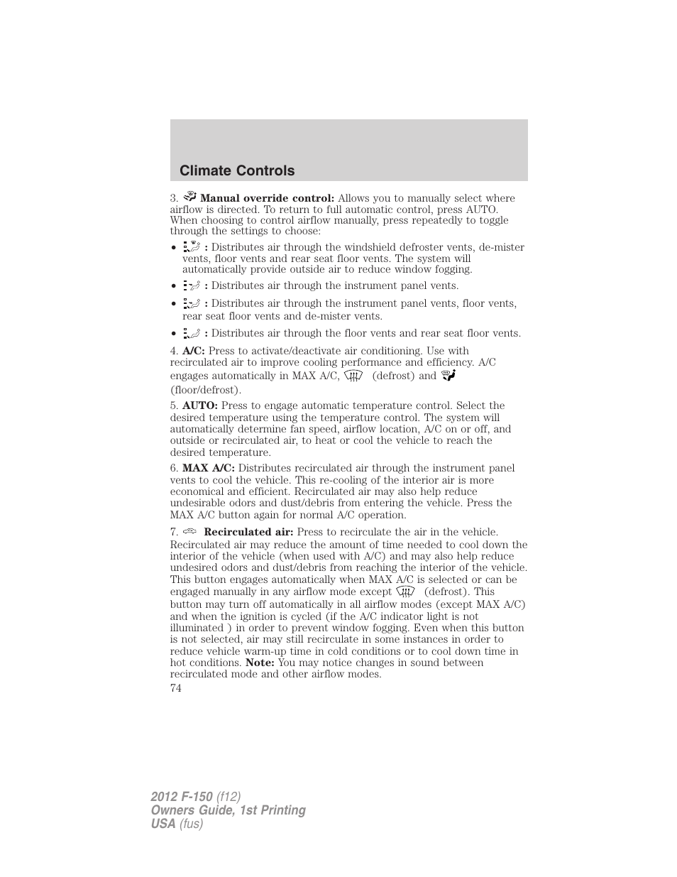 Climate controls | FORD 2012 F-150 Raptor v.1 User Manual | Page 74 / 462