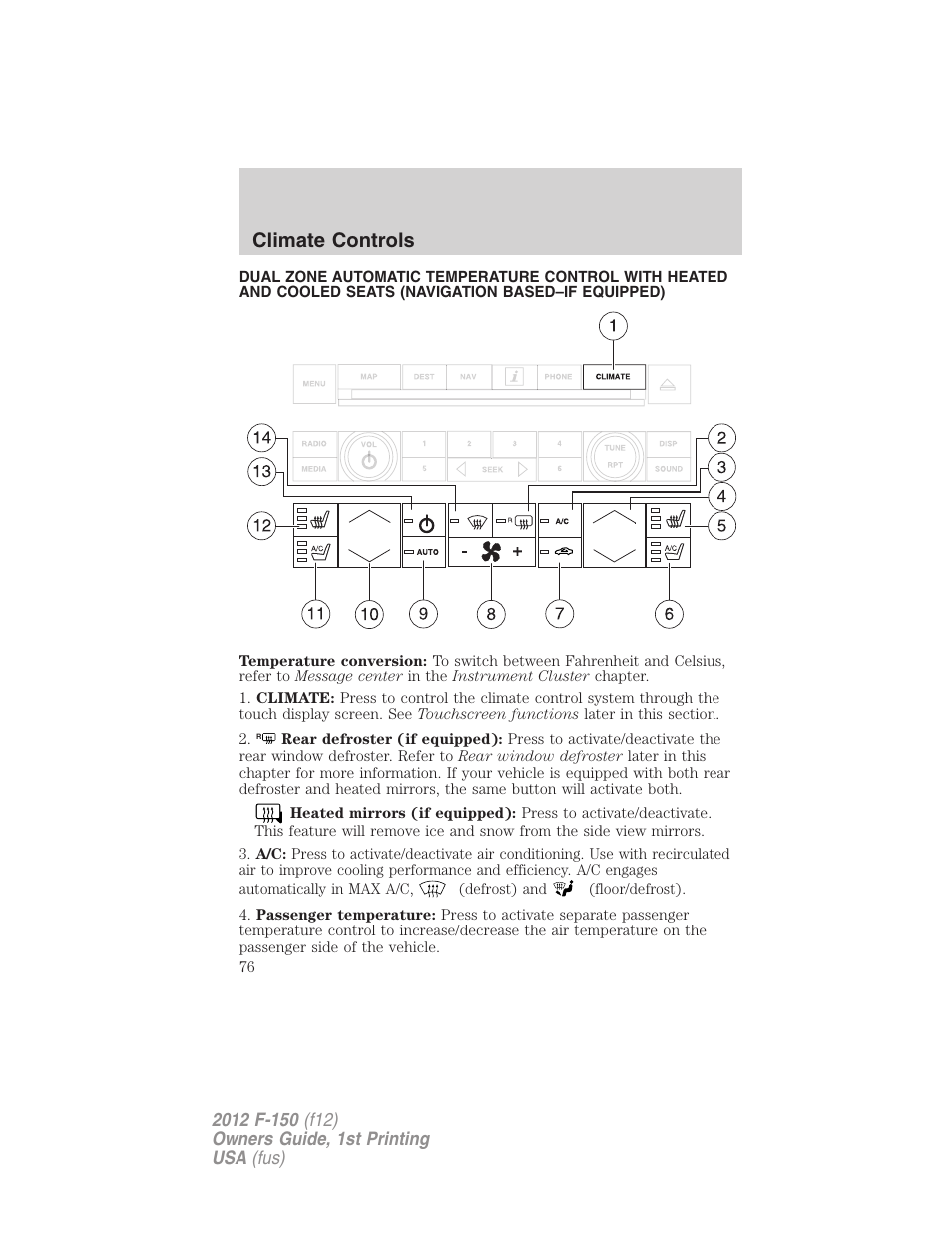 Navigation system based climate control, Climate controls | FORD 2012 F-150 Raptor v.1 User Manual | Page 76 / 462