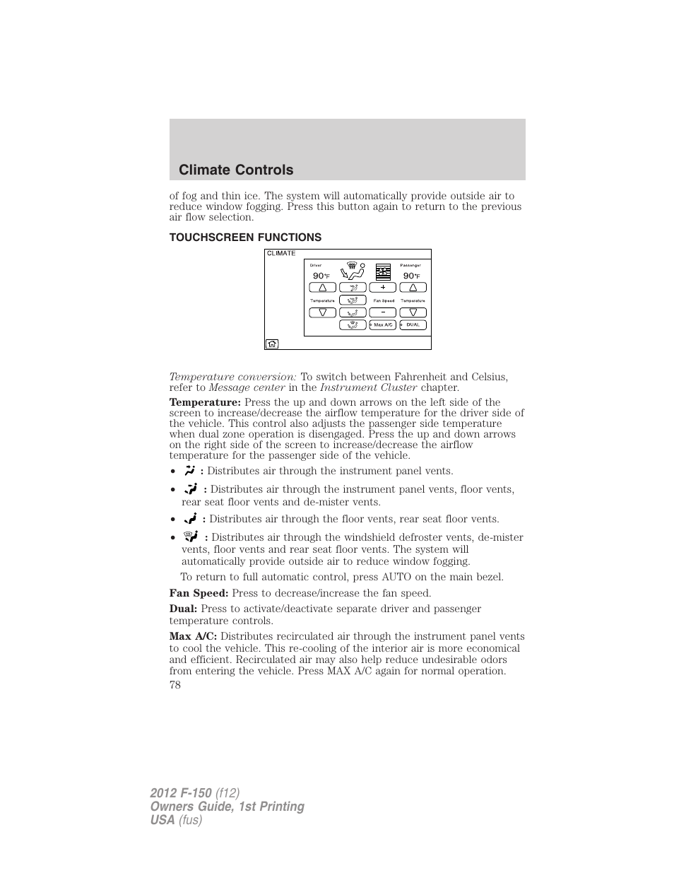 Touchscreen functions, Climate controls | FORD 2012 F-150 Raptor v.1 User Manual | Page 78 / 462