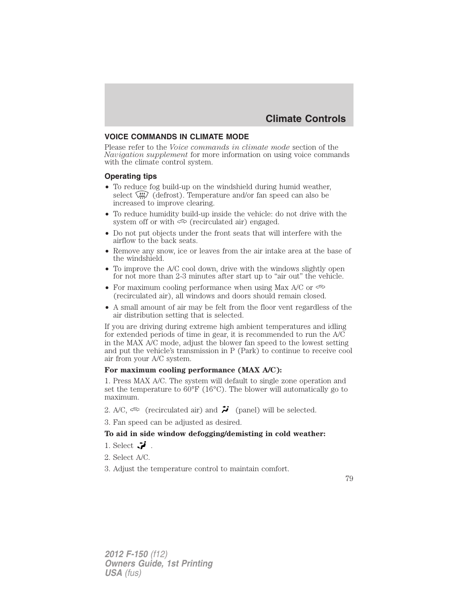 Voice commands in climate mode, Operating tips, Climate controls | FORD 2012 F-150 Raptor v.1 User Manual | Page 79 / 462