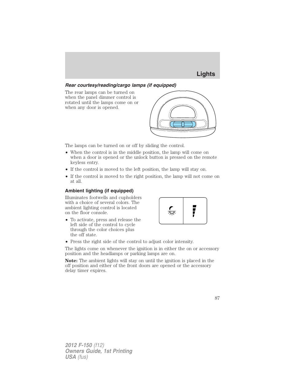 Rear courtesy/reading/cargo lamps (if equipped), Ambient lighting (if equipped), Lights | FORD 2012 F-150 Raptor v.1 User Manual | Page 87 / 462