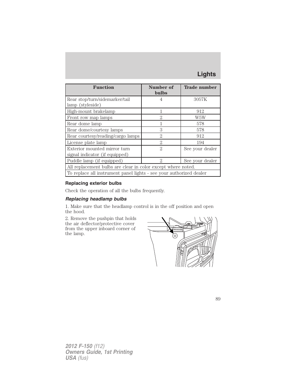 Replacing exterior bulbs, Replacing headlamp bulbs, Lights | FORD 2012 F-150 Raptor v.1 User Manual | Page 89 / 462