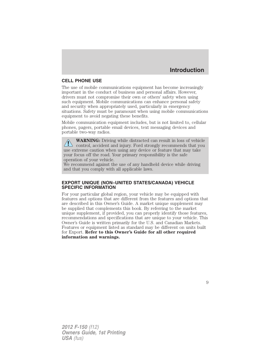 Cell phone use, Introduction | FORD 2012 F-150 Raptor v.1 User Manual | Page 9 / 462