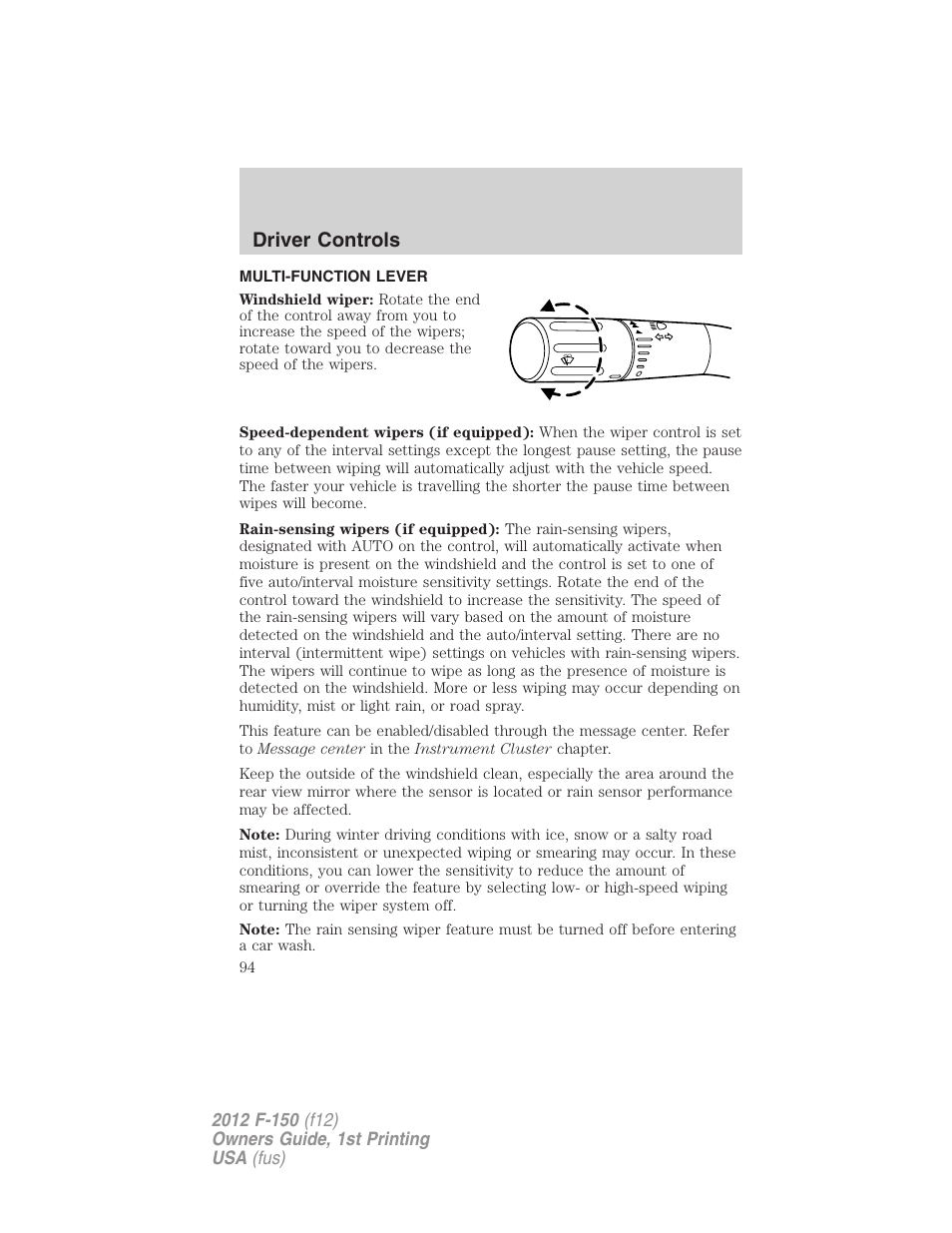 Driver controls, Multi-function lever, Windshield wiper/washer control | FORD 2012 F-150 Raptor v.1 User Manual | Page 94 / 462