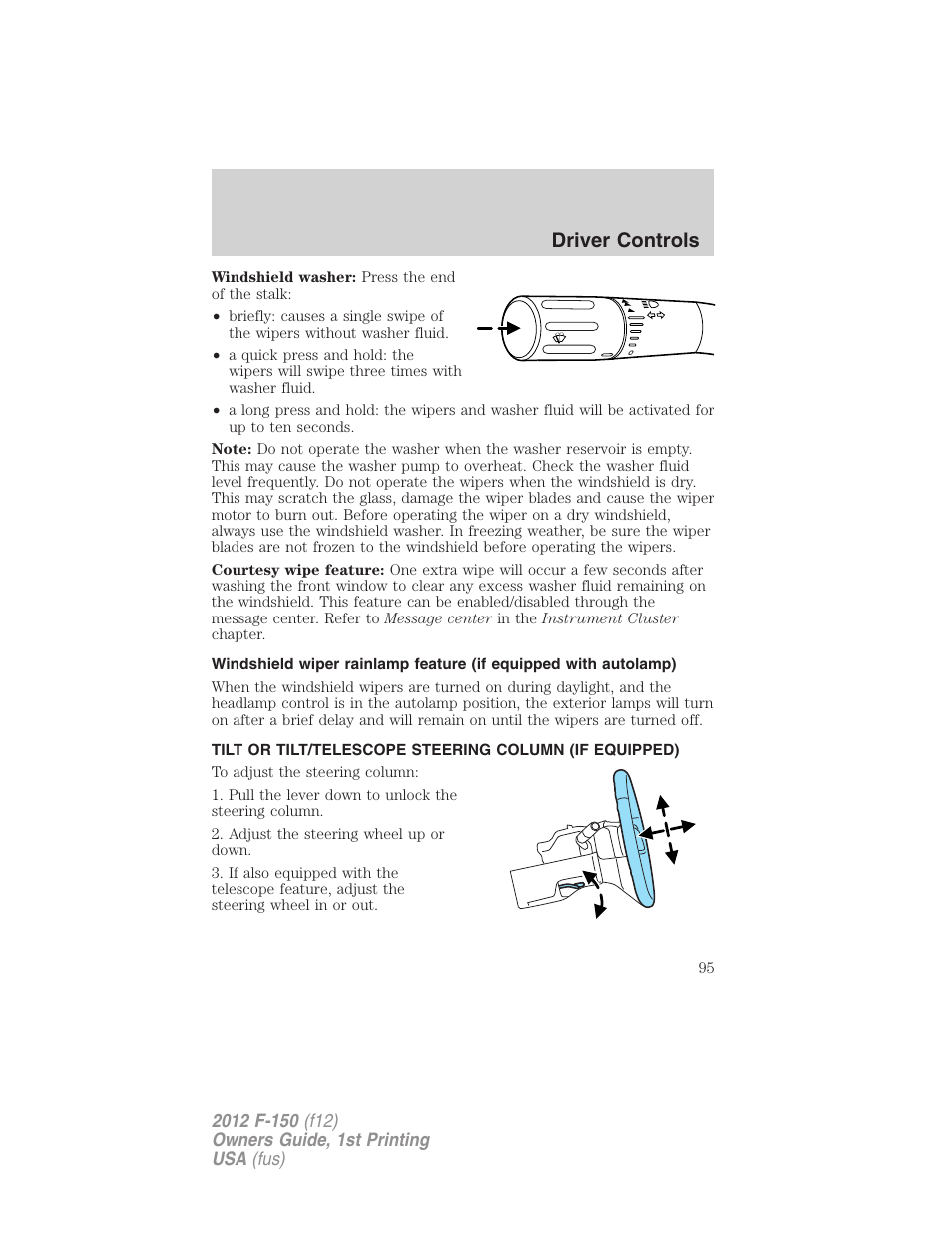 Steering wheel adjustment, Driver controls | FORD 2012 F-150 Raptor v.1 User Manual | Page 95 / 462