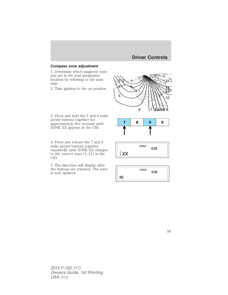 Compass zone adjustment, Driver controls | FORD 2012 F-150 Raptor v.1 User Manual | Page 99 / 462