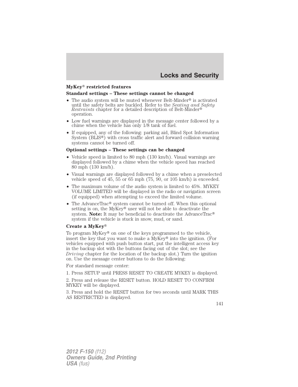 Locks and security | FORD 2012 F-150 Raptor v.2 User Manual | Page 141 / 476