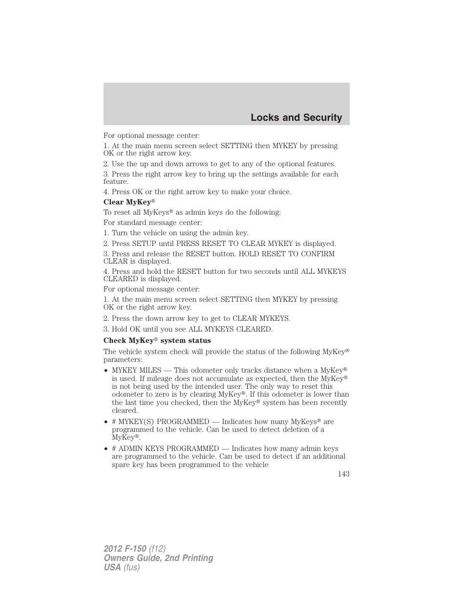 Locks and security | FORD 2012 F-150 Raptor v.2 User Manual | Page 143 / 476