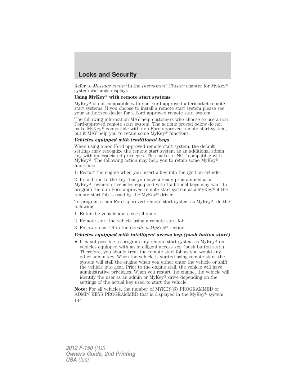 Locks and security | FORD 2012 F-150 Raptor v.2 User Manual | Page 144 / 476