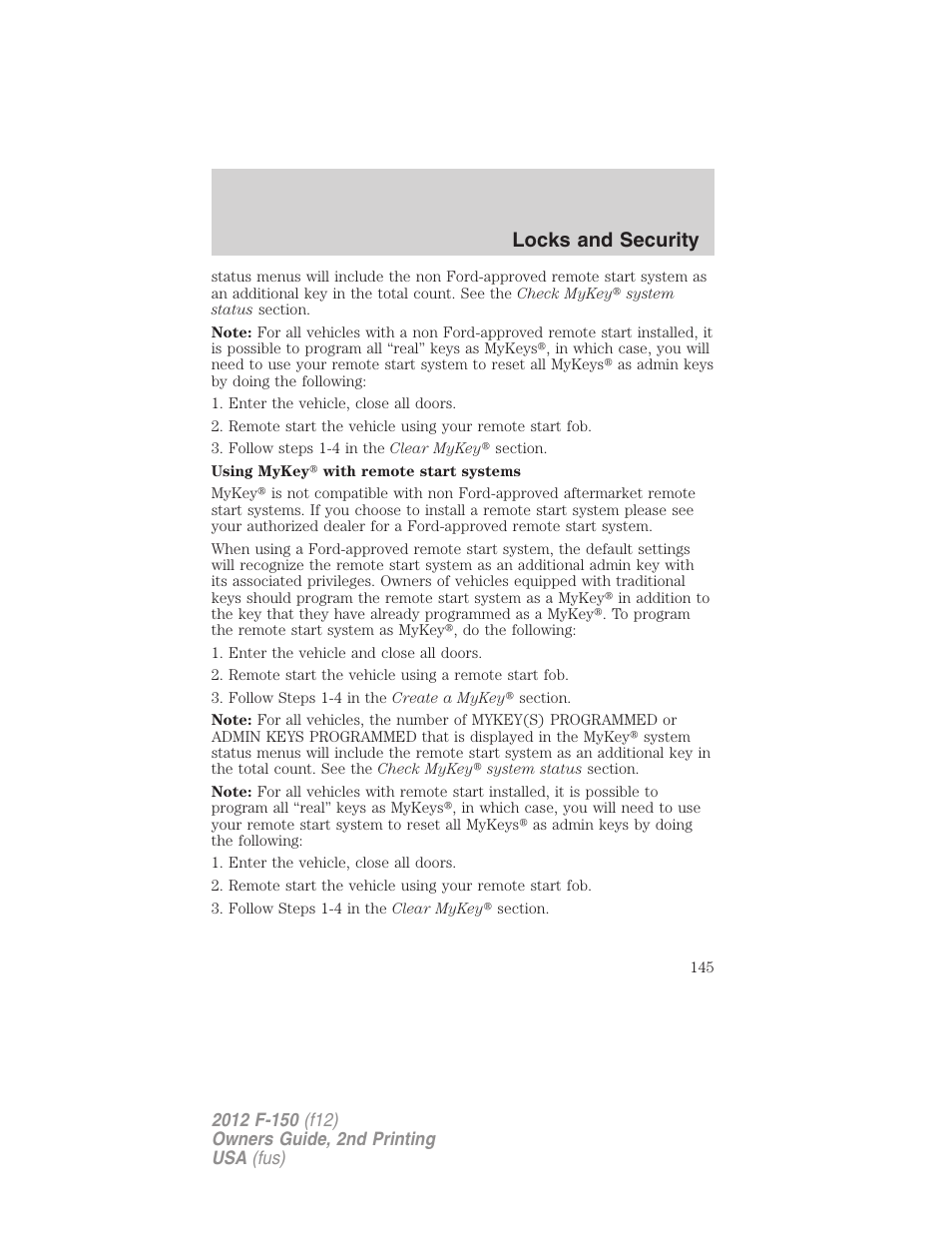 Locks and security | FORD 2012 F-150 Raptor v.2 User Manual | Page 145 / 476