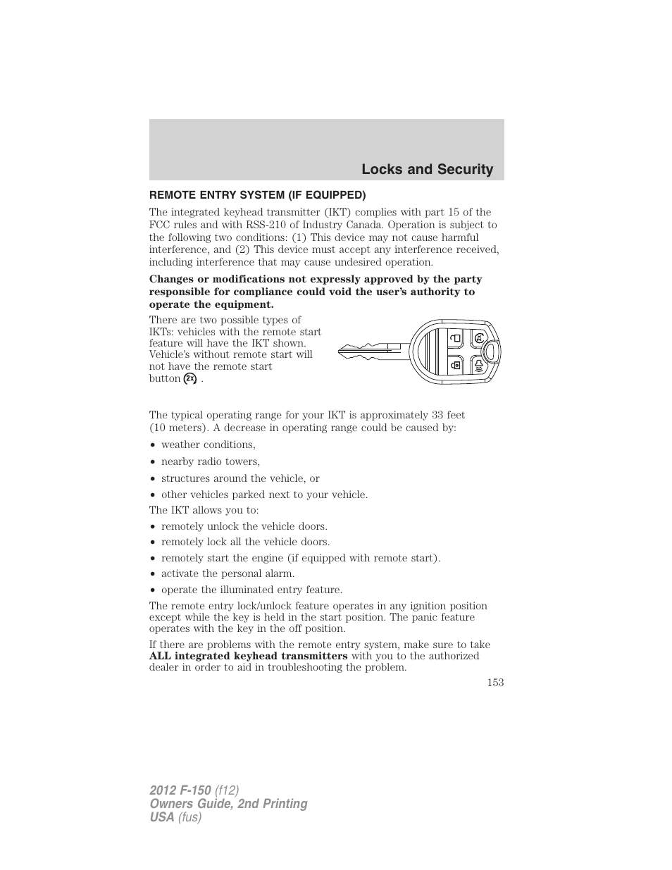 Remote entry system (if equipped), Locks and security | FORD 2012 F-150 Raptor v.2 User Manual | Page 153 / 476