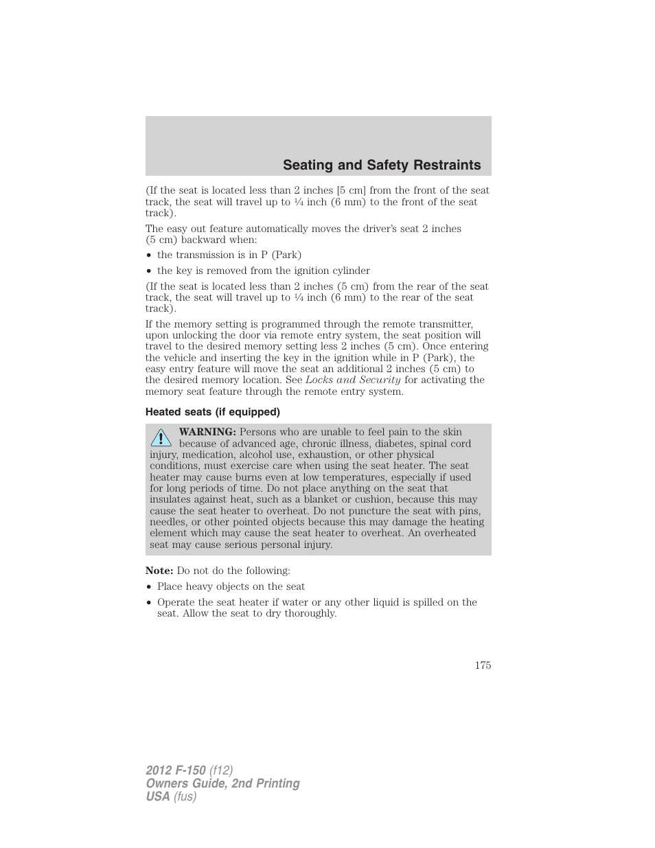 Heated seats (if equipped), Seating and safety restraints | FORD 2012 F-150 Raptor v.2 User Manual | Page 175 / 476