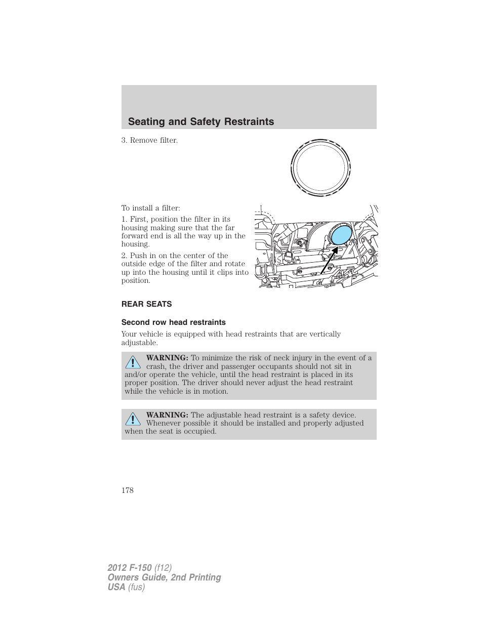 Rear seats, Second row head restraints, Seating and safety restraints | FORD 2012 F-150 Raptor v.2 User Manual | Page 178 / 476