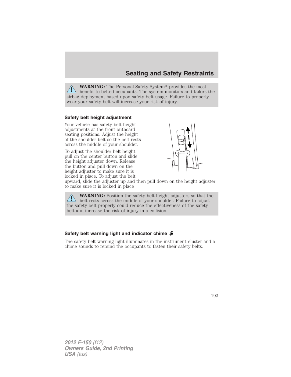 Safety belt height adjustment, Safety belt warning light and indicator chime, Seating and safety restraints | FORD 2012 F-150 Raptor v.2 User Manual | Page 193 / 476