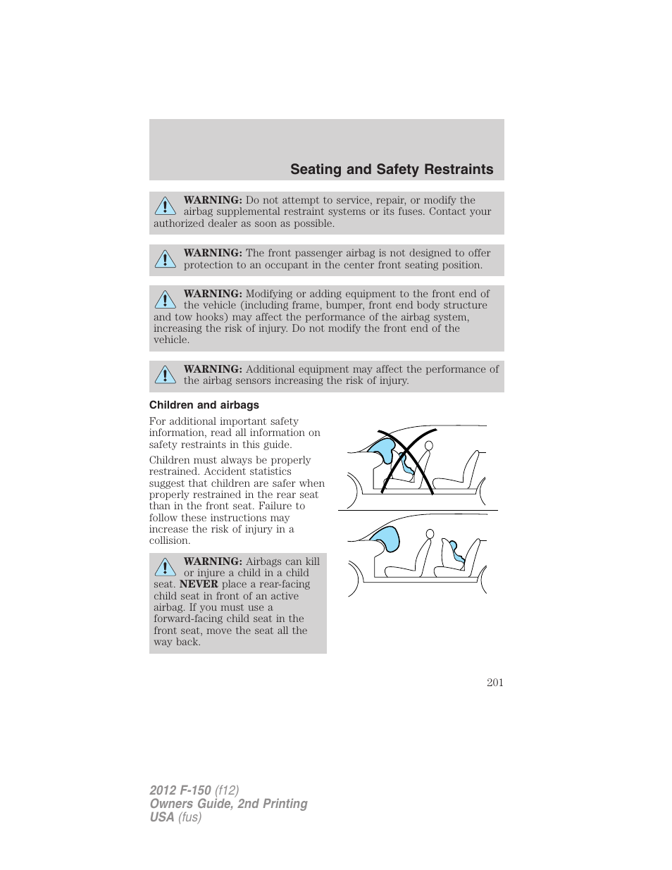 Children and airbags, Seating and safety restraints | FORD 2012 F-150 Raptor v.2 User Manual | Page 201 / 476