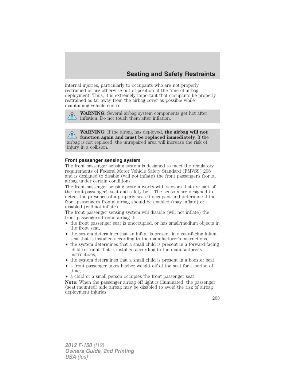 Front passenger sensing system, Seating and safety restraints | FORD 2012 F-150 Raptor v.2 User Manual | Page 203 / 476