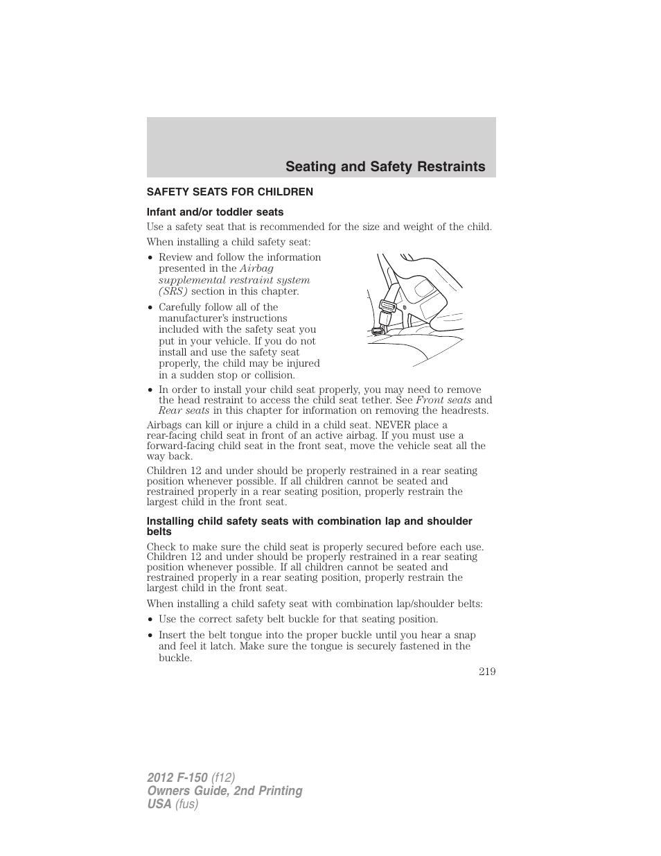 Safety seats for children, Infant and/or toddler seats, Seating and safety restraints | FORD 2012 F-150 Raptor v.2 User Manual | Page 219 / 476