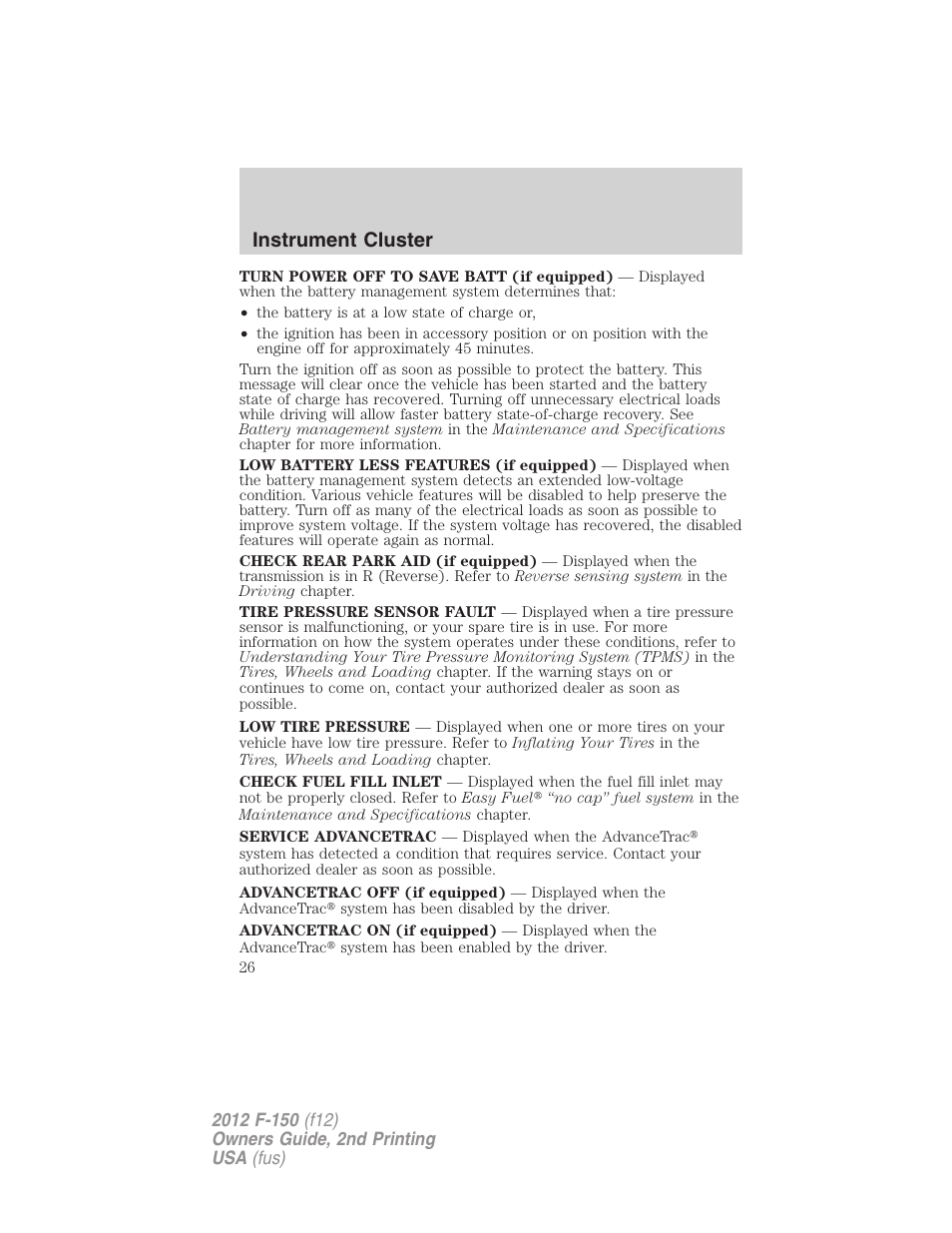 Instrument cluster | FORD 2012 F-150 Raptor v.2 User Manual | Page 26 / 476