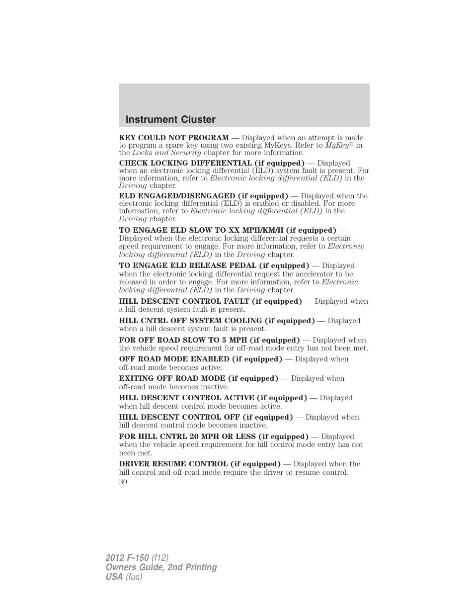 Instrument cluster | FORD 2012 F-150 Raptor v.2 User Manual | Page 30 / 476