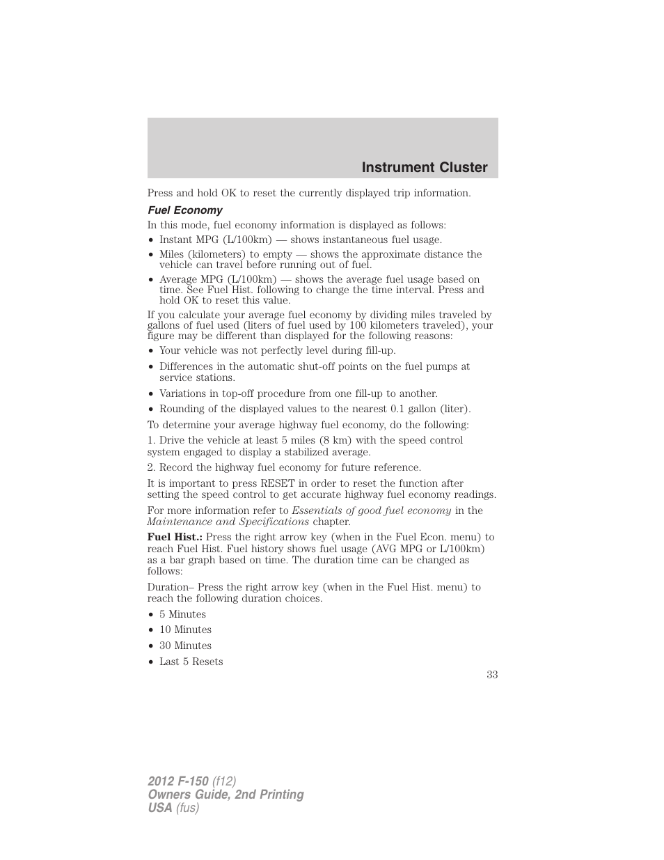 Fuel economy, Instrument cluster | FORD 2012 F-150 Raptor v.2 User Manual | Page 33 / 476