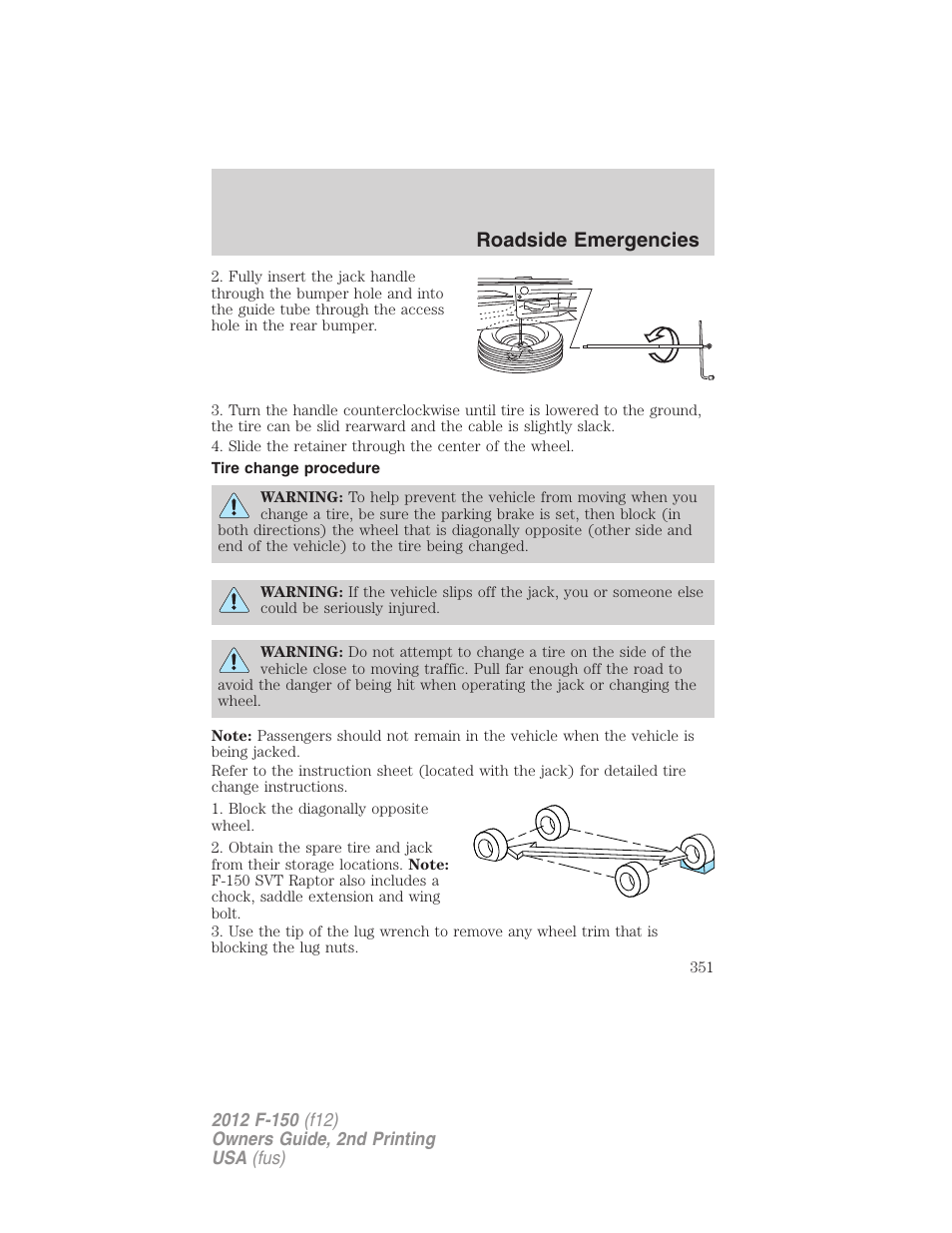 Tire change procedure, Roadside emergencies | FORD 2012 F-150 Raptor v.2 User Manual | Page 351 / 476