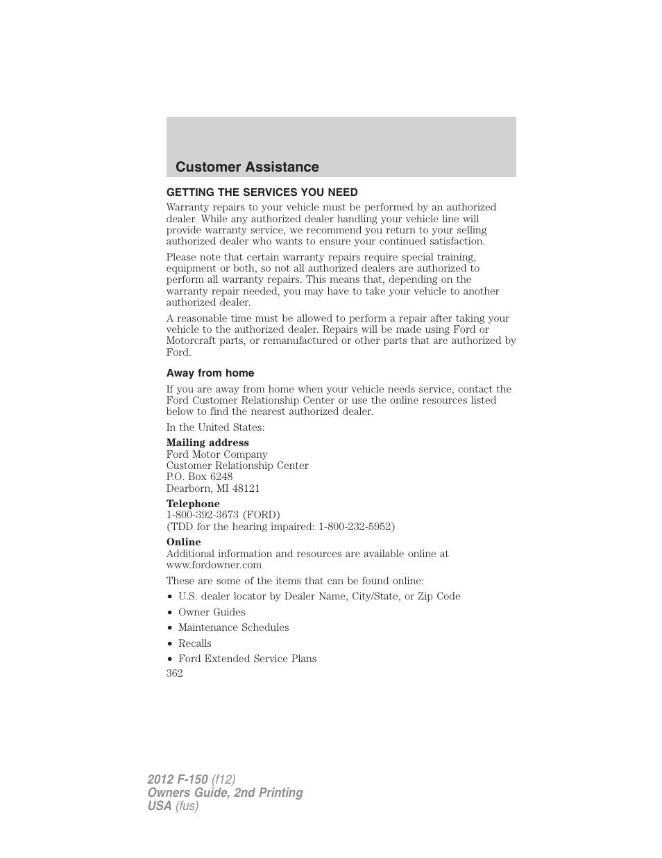 Customer assistance, Getting the services you need, Away from home | FORD 2012 F-150 Raptor v.2 User Manual | Page 362 / 476