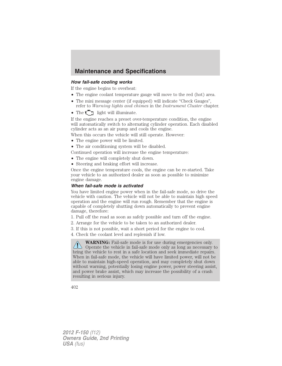 How fail-safe cooling works, When fail-safe mode is activated, Maintenance and specifications | FORD 2012 F-150 Raptor v.2 User Manual | Page 402 / 476