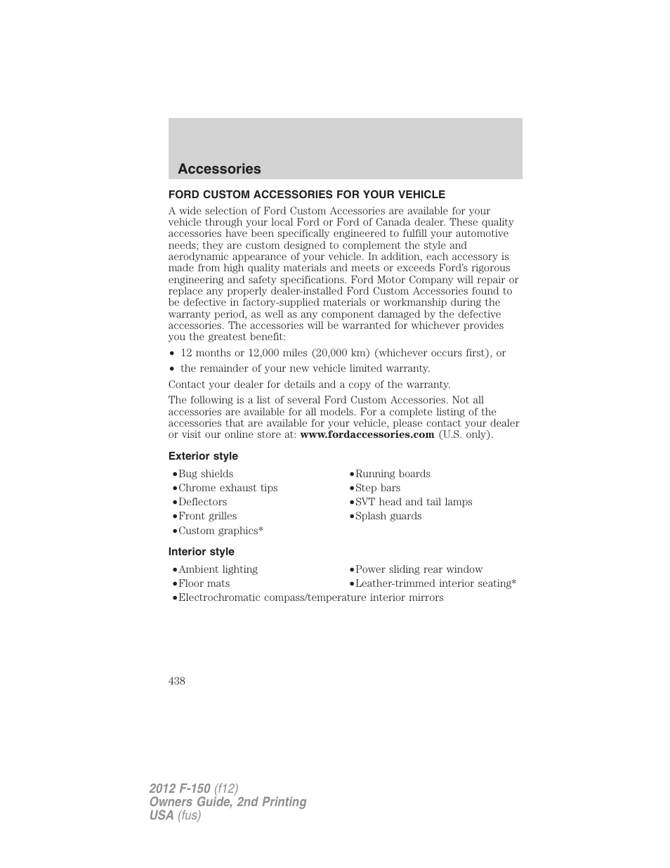 Accessories, Ford custom accessories for your vehicle, Exterior style | Interior style | FORD 2012 F-150 Raptor v.2 User Manual | Page 438 / 476