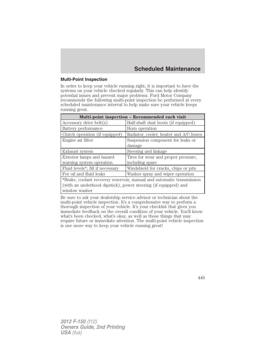 Multi-point inspection, Scheduled maintenance | FORD 2012 F-150 Raptor v.2 User Manual | Page 449 / 476