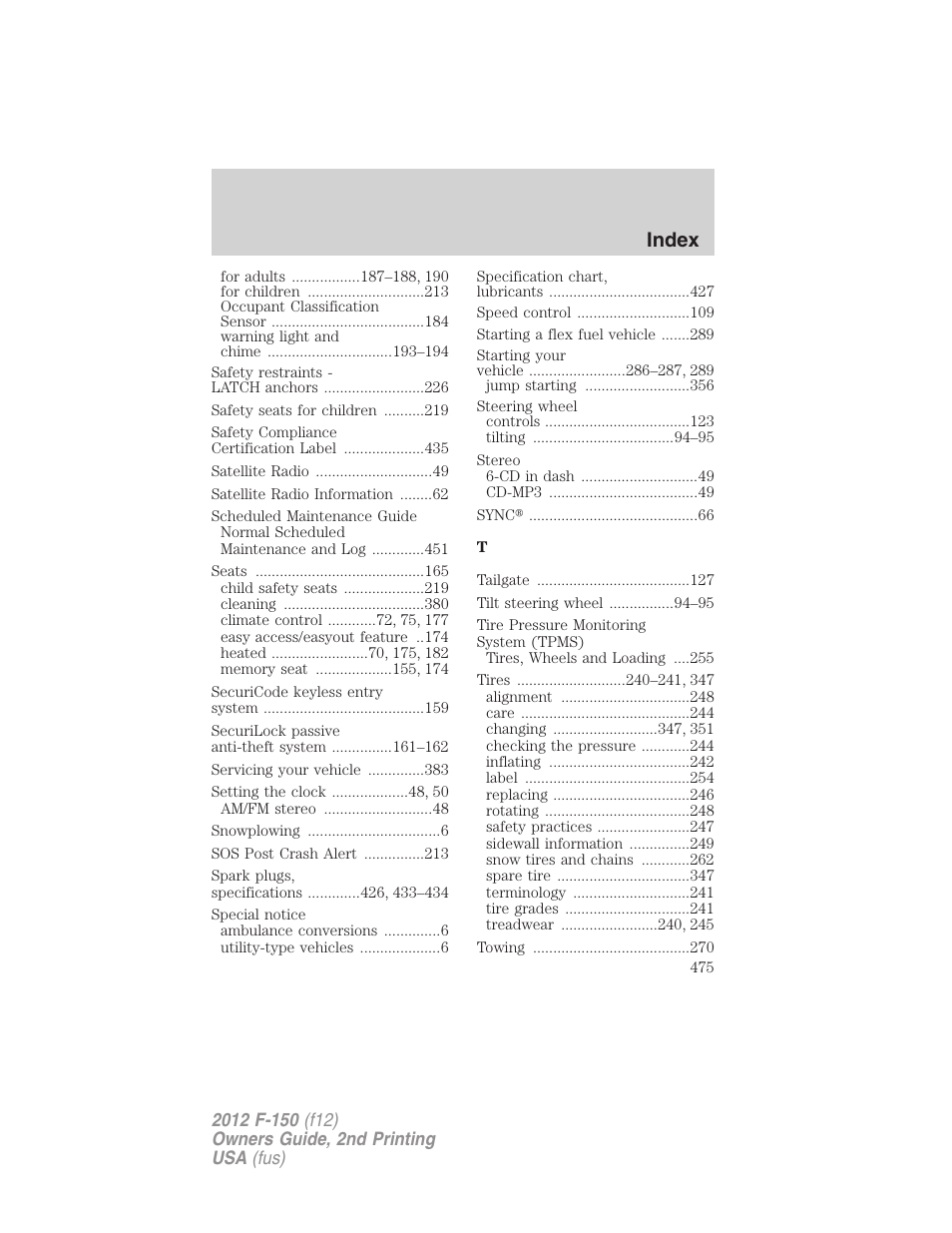 Index | FORD 2012 F-150 Raptor v.2 User Manual | Page 475 / 476