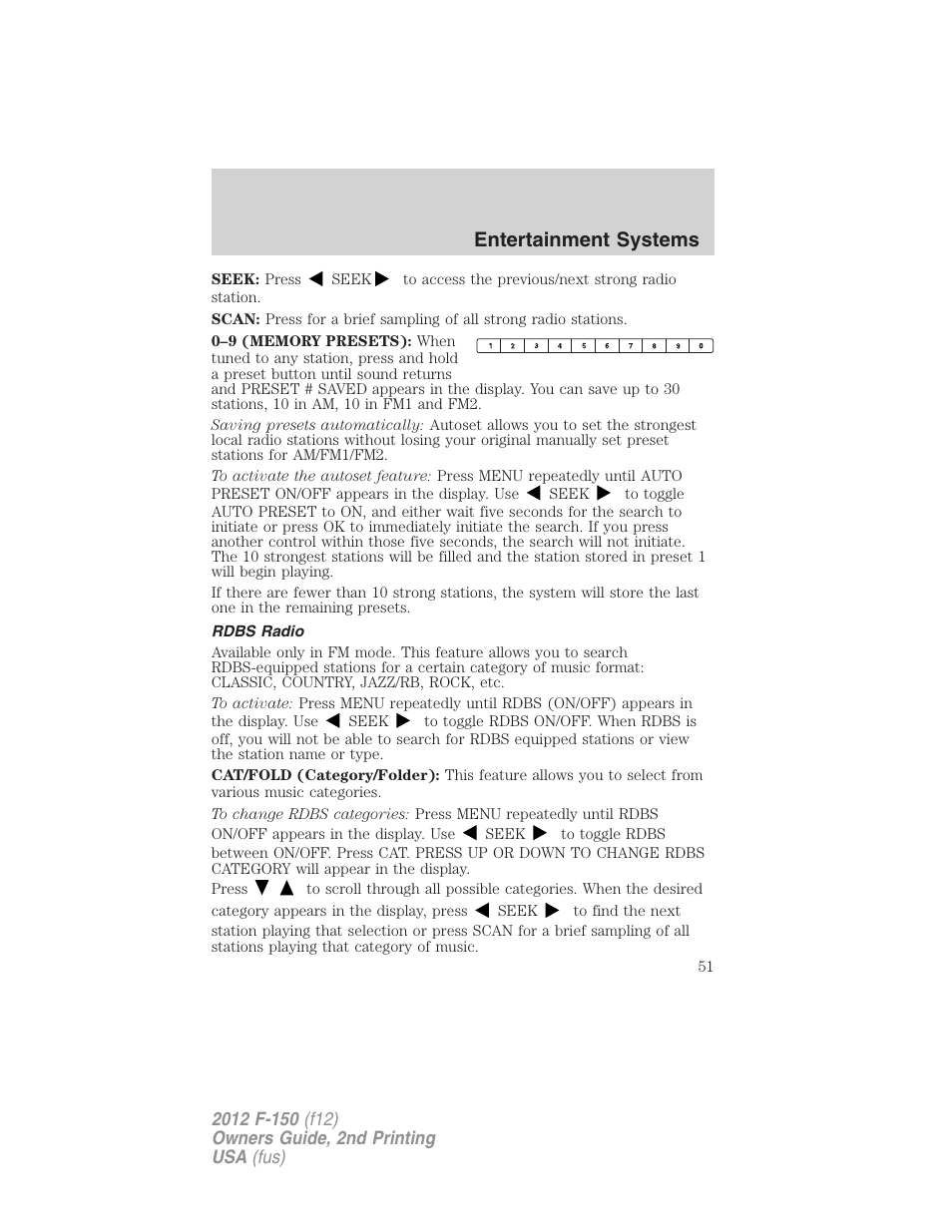 Rdbs radio, Entertainment systems | FORD 2012 F-150 Raptor v.2 User Manual | Page 51 / 476