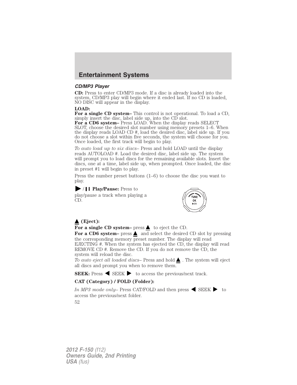 Cd/mp3 player, Entertainment systems | FORD 2012 F-150 Raptor v.2 User Manual | Page 52 / 476