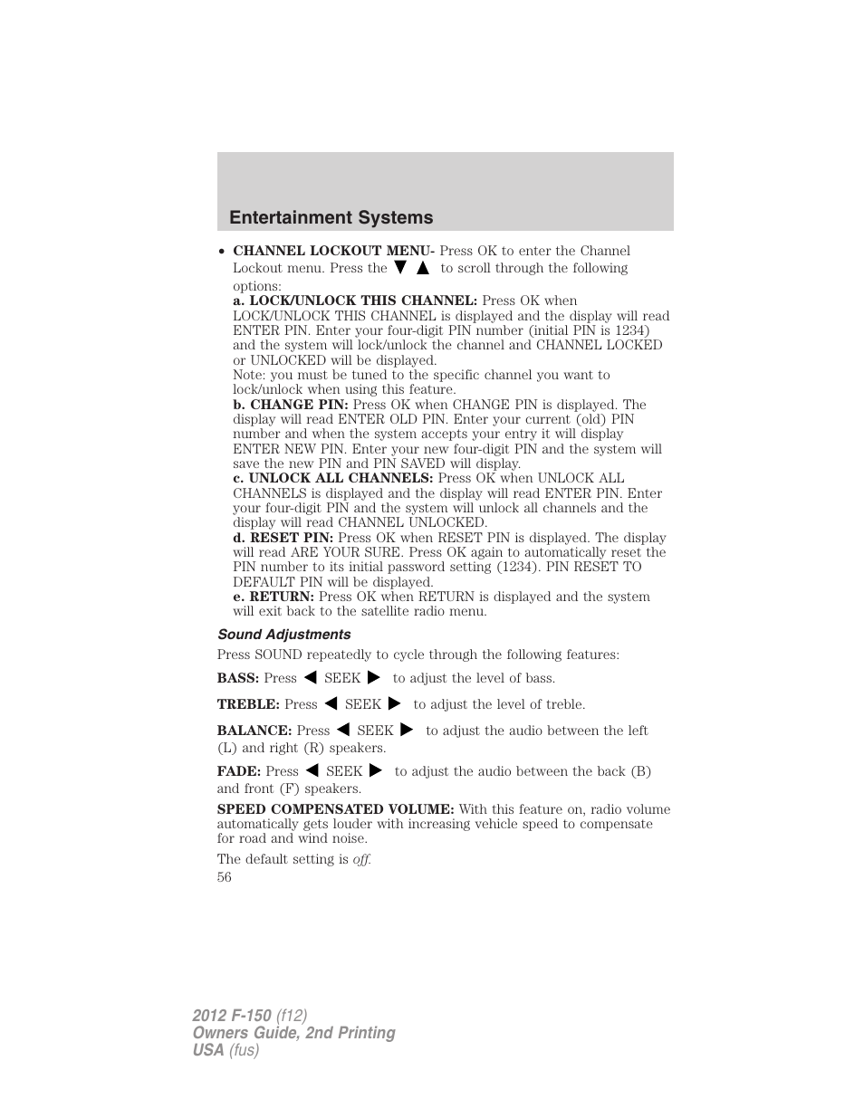 Sound adjustments, Entertainment systems | FORD 2012 F-150 Raptor v.2 User Manual | Page 56 / 476