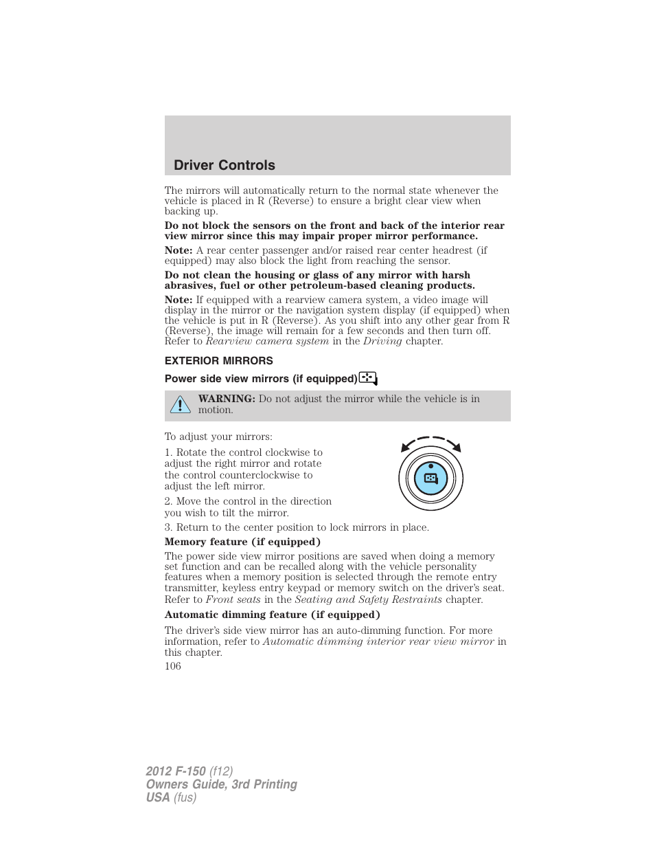 Exterior mirrors, Power side view mirrors (if equipped), Driver controls | FORD 2012 F-150 Raptor v.3 User Manual | Page 106 / 472