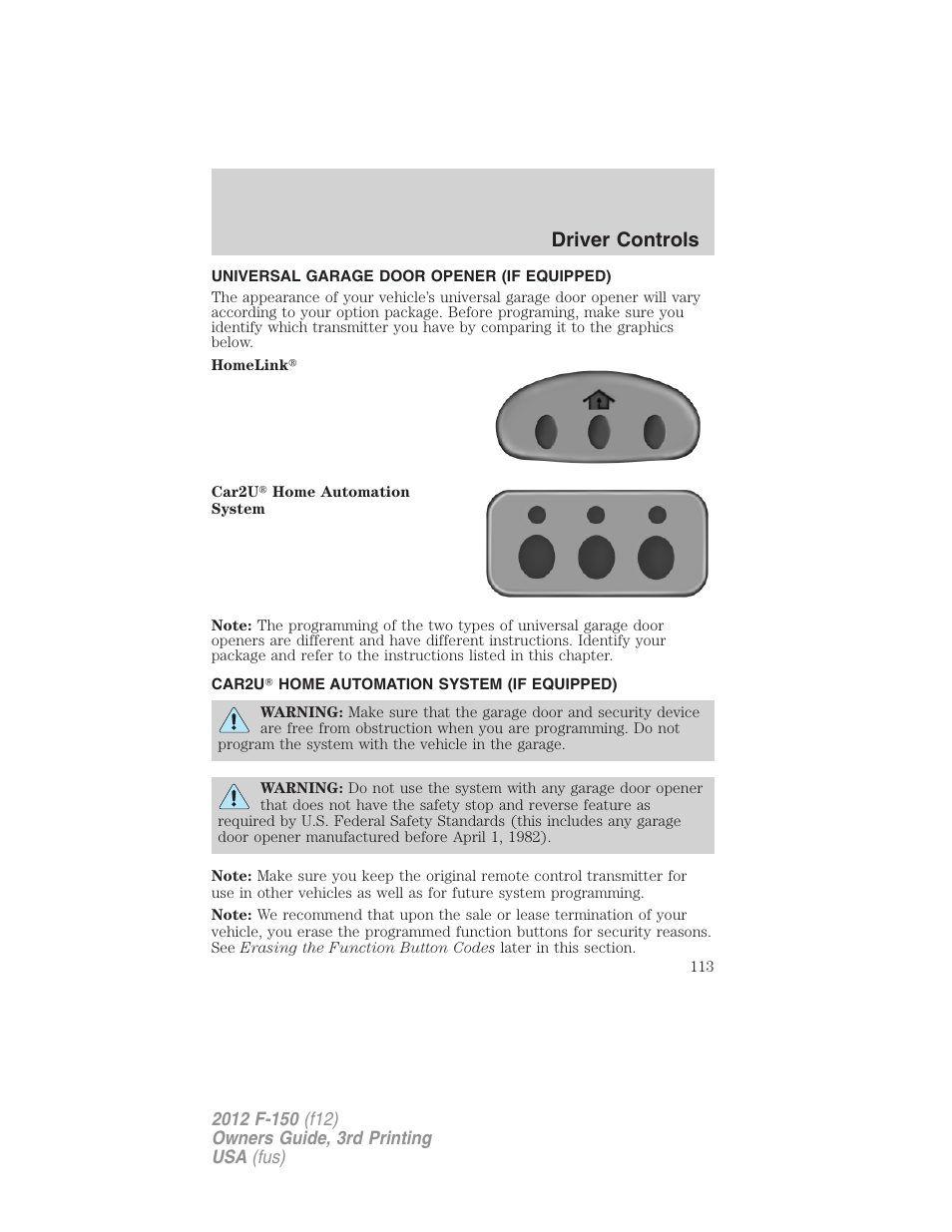 Universal garage door opener (if equipped), Car2u? home automation system (if equipped), Car2u | Home automation system, Driver controls | FORD 2012 F-150 Raptor v.3 User Manual | Page 113 / 472