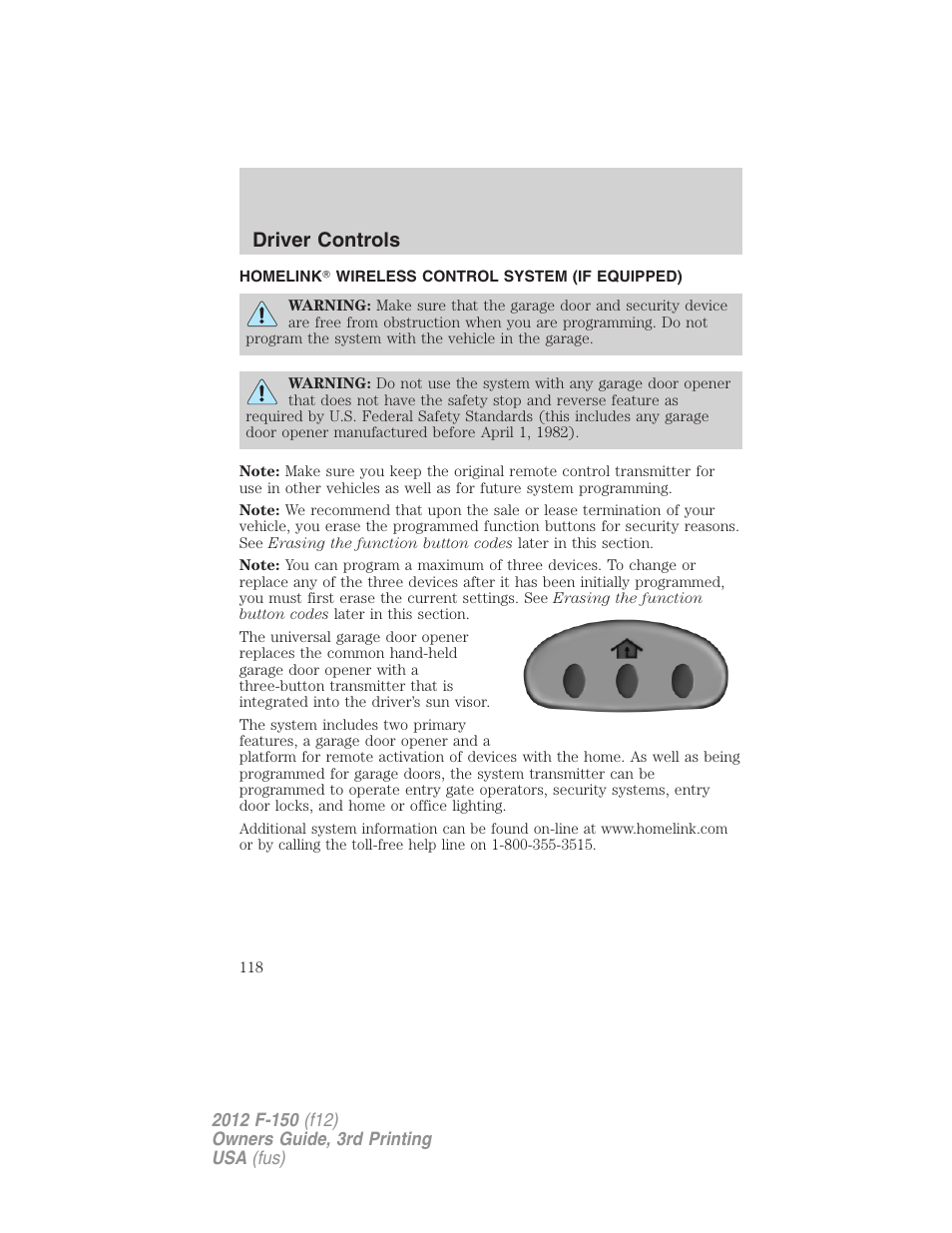 Homelink? wireless control system (if equipped), Homelink, Wireless control system | Driver controls | FORD 2012 F-150 Raptor v.3 User Manual | Page 118 / 472