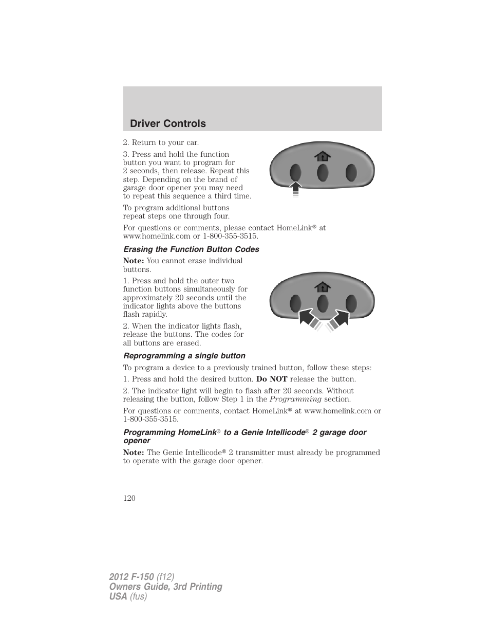 Erasing the function button codes, Reprogramming a single button, Driver controls | FORD 2012 F-150 Raptor v.3 User Manual | Page 120 / 472