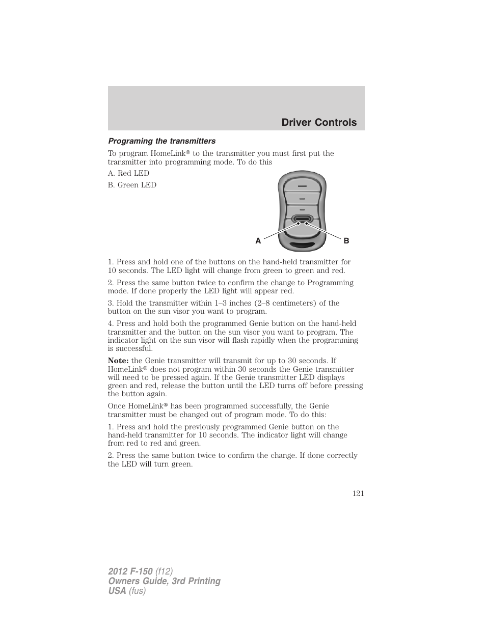 Programing the transmitters, Driver controls | FORD 2012 F-150 Raptor v.3 User Manual | Page 121 / 472