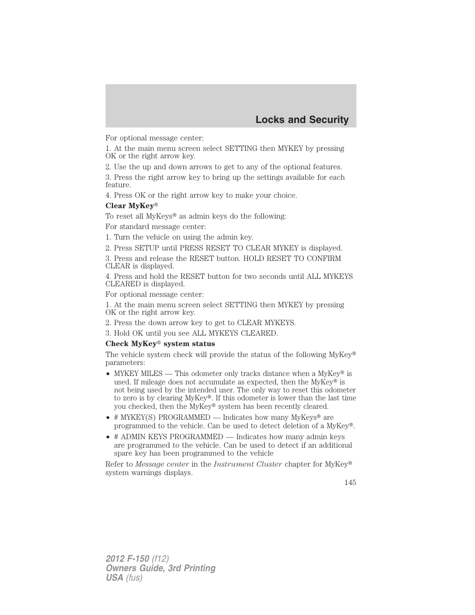 Locks and security | FORD 2012 F-150 Raptor v.3 User Manual | Page 145 / 472