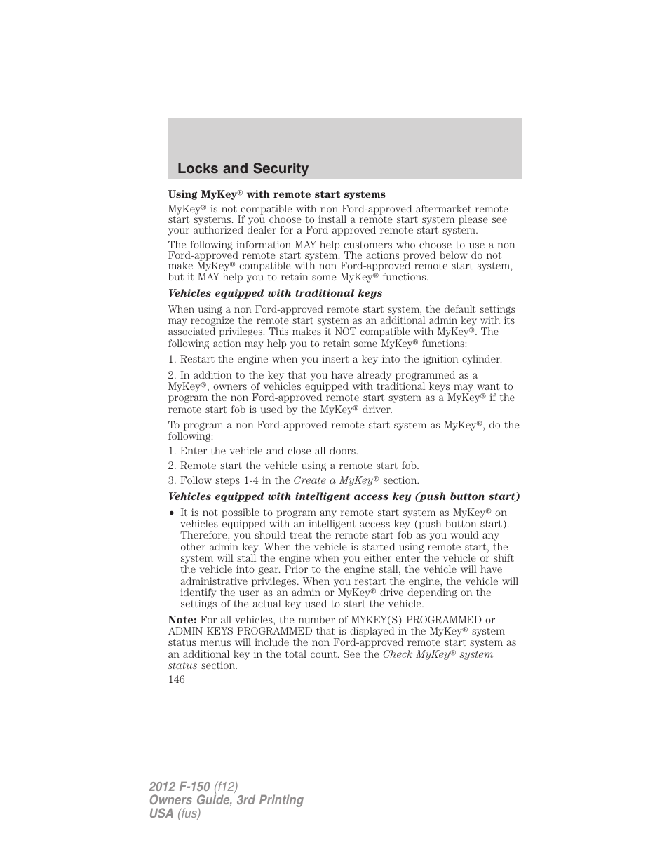 Locks and security | FORD 2012 F-150 Raptor v.3 User Manual | Page 146 / 472