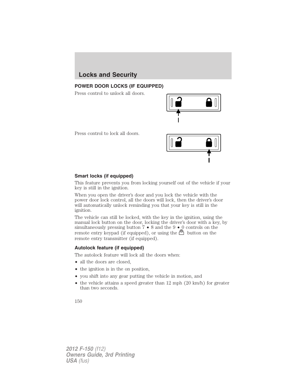 Power door locks (if equipped), Smart locks (if equipped), Autolock feature (if equipped) | Locks, Locks and security | FORD 2012 F-150 Raptor v.3 User Manual | Page 150 / 472