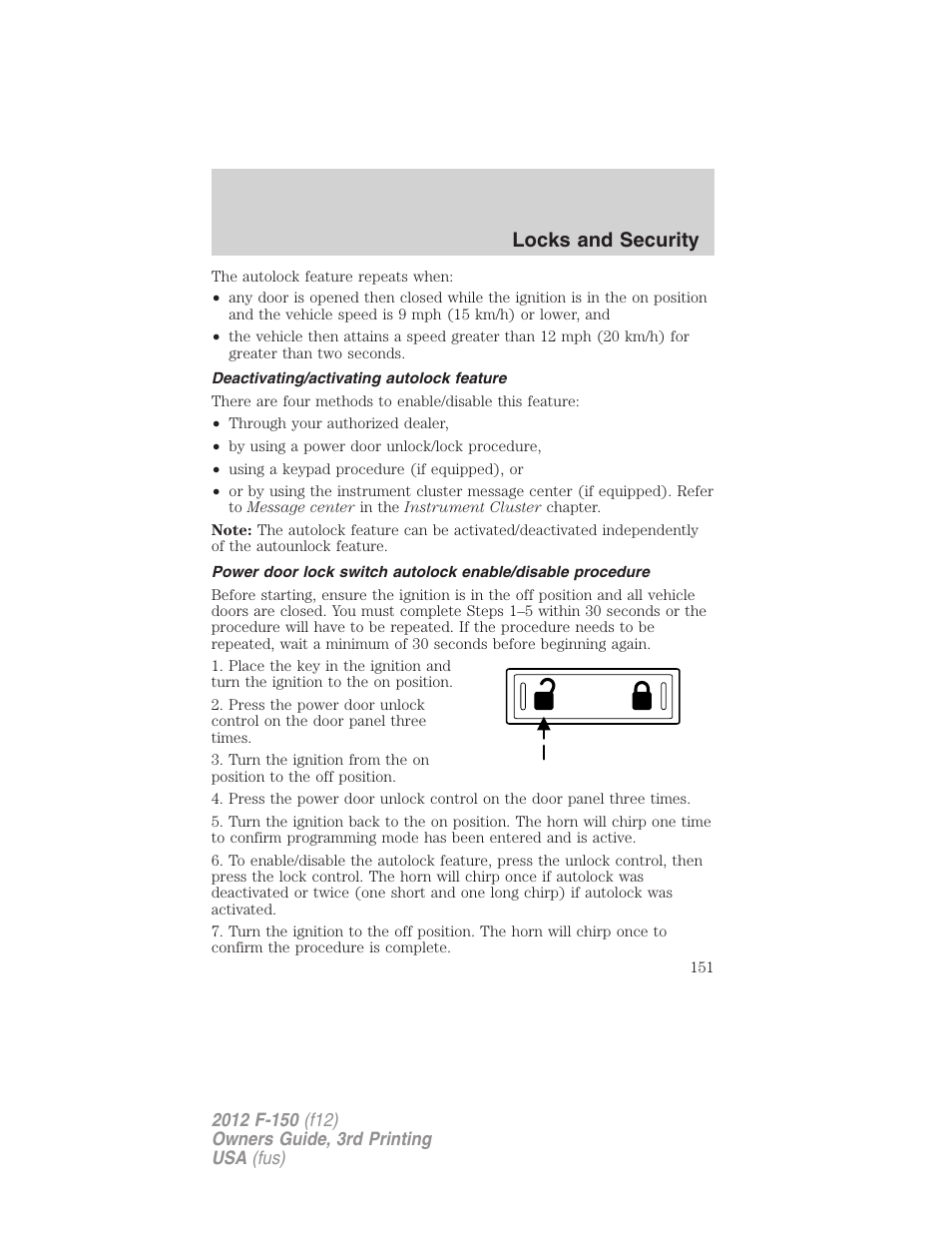 Deactivating/activating autolock feature, Locks and security | FORD 2012 F-150 Raptor v.3 User Manual | Page 151 / 472