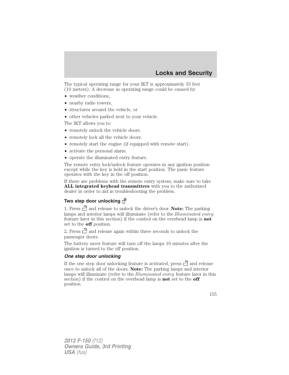Two step door unlocking, One step door unlocking, Locks and security | FORD 2012 F-150 Raptor v.3 User Manual | Page 155 / 472