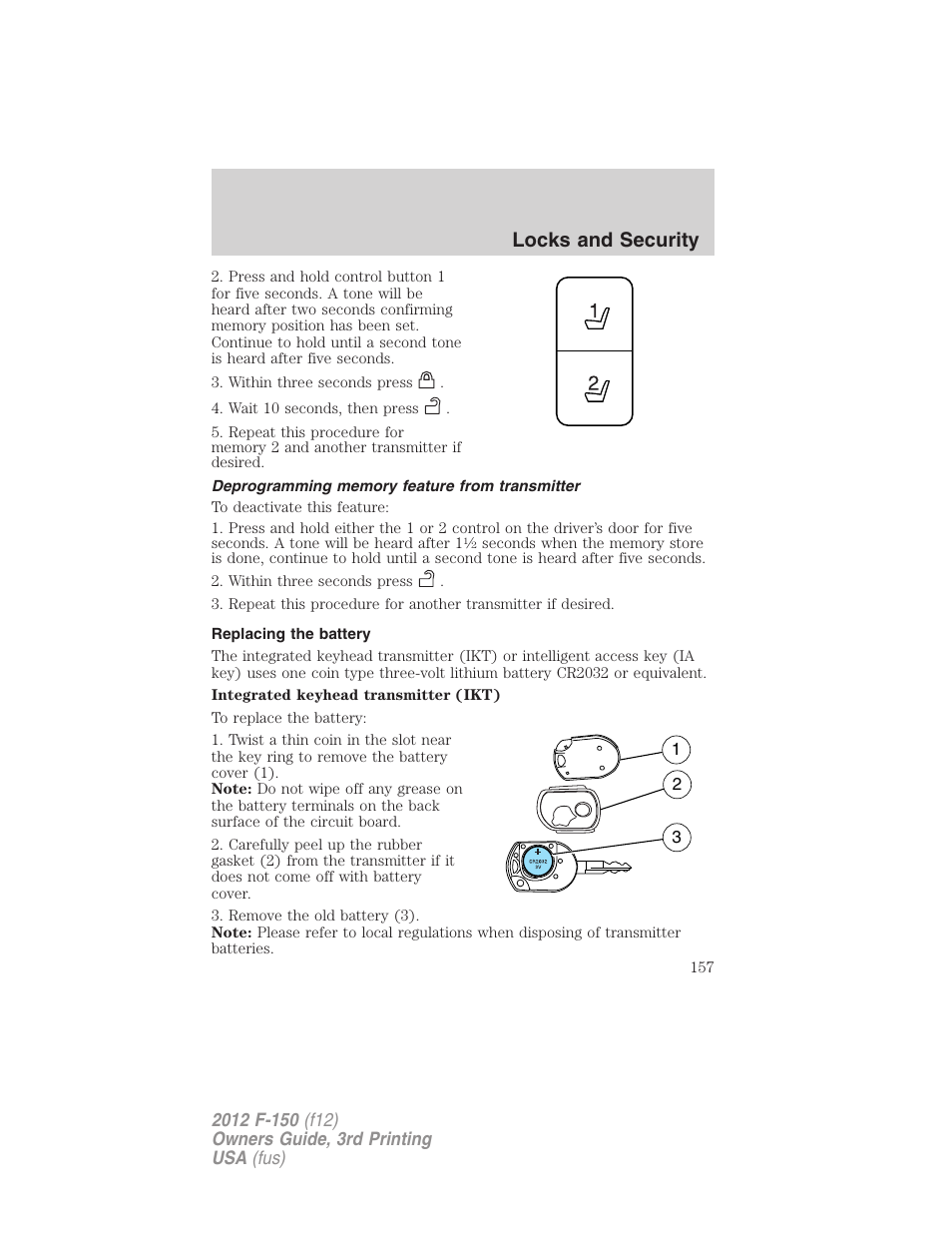 Deprogramming memory feature from transmitter, Replacing the battery, Locks and security | FORD 2012 F-150 Raptor v.3 User Manual | Page 157 / 472