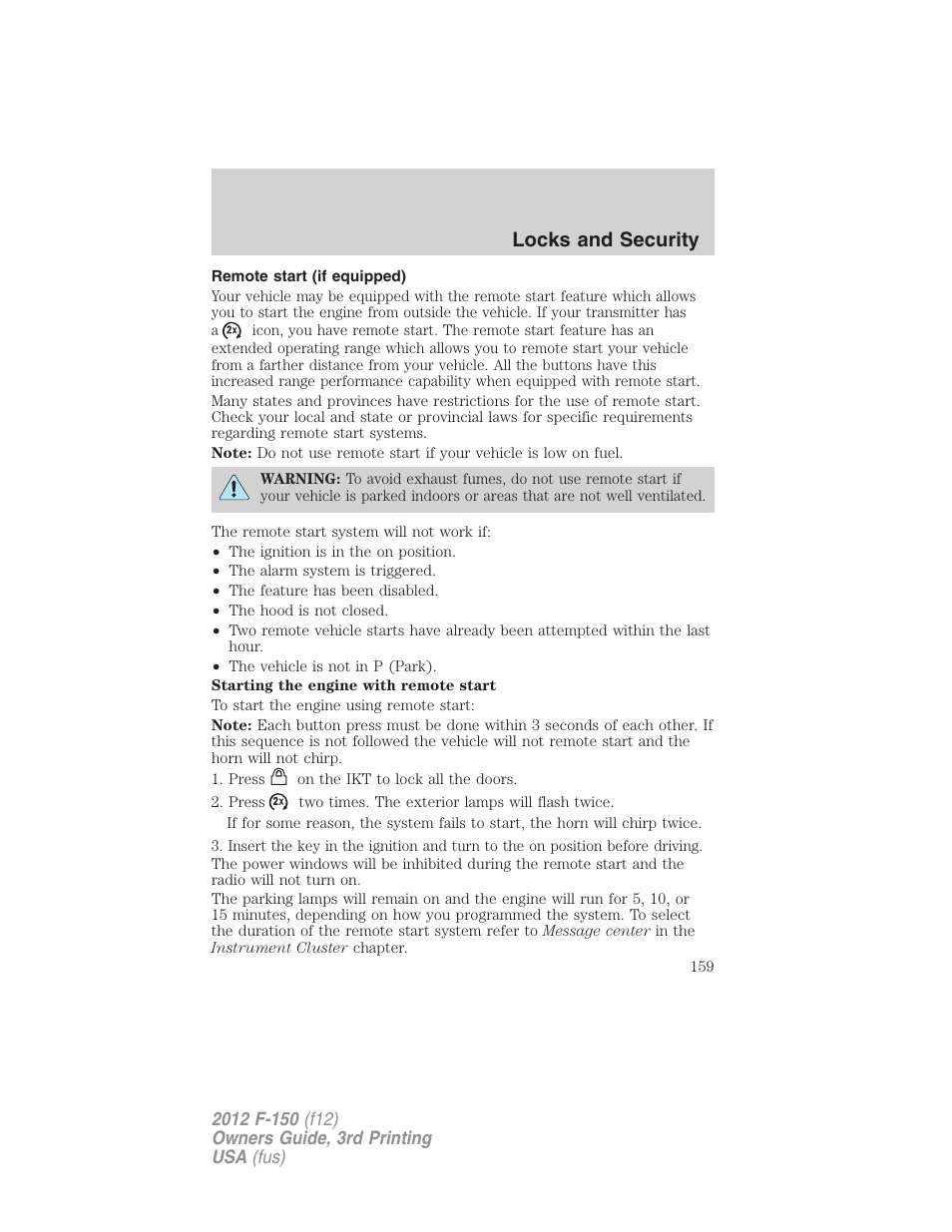 Remote start (if equipped), Locks and security | FORD 2012 F-150 Raptor v.3 User Manual | Page 159 / 472